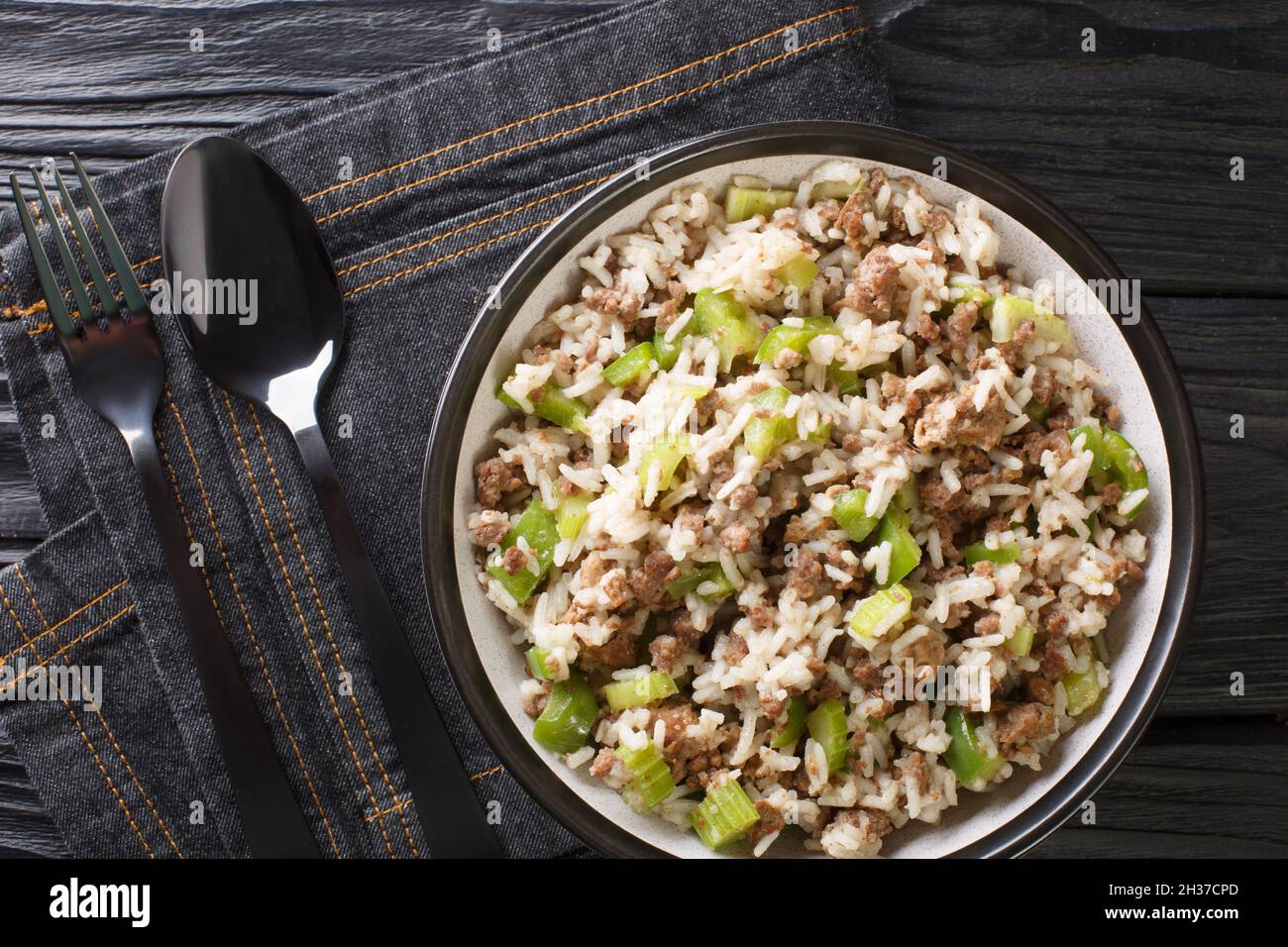 Cajun dirty rice with chicken liver, minced meat, celery and pepper and