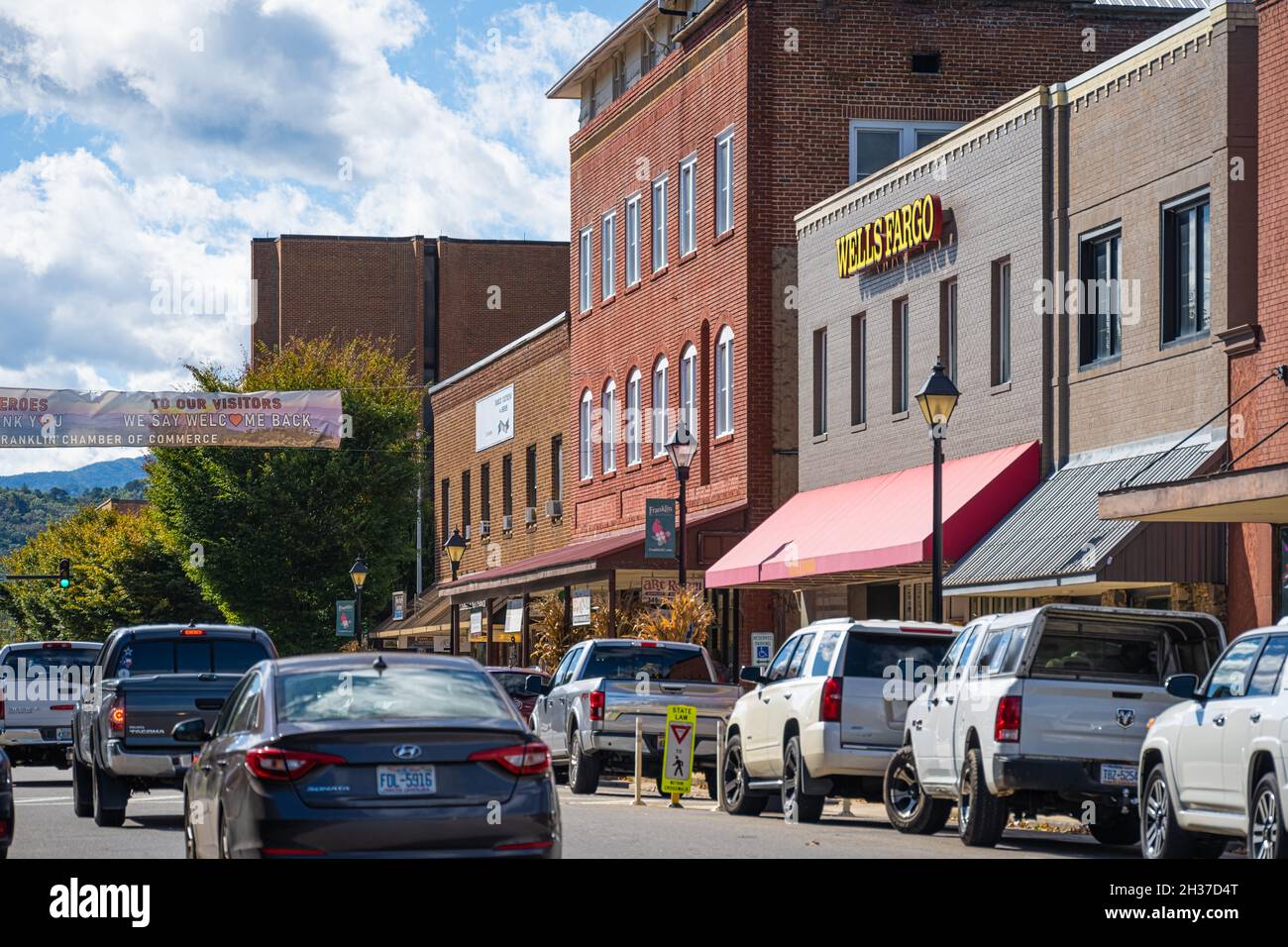 Main Street scene in downtown Franklin, North Carolina, on a beautiful