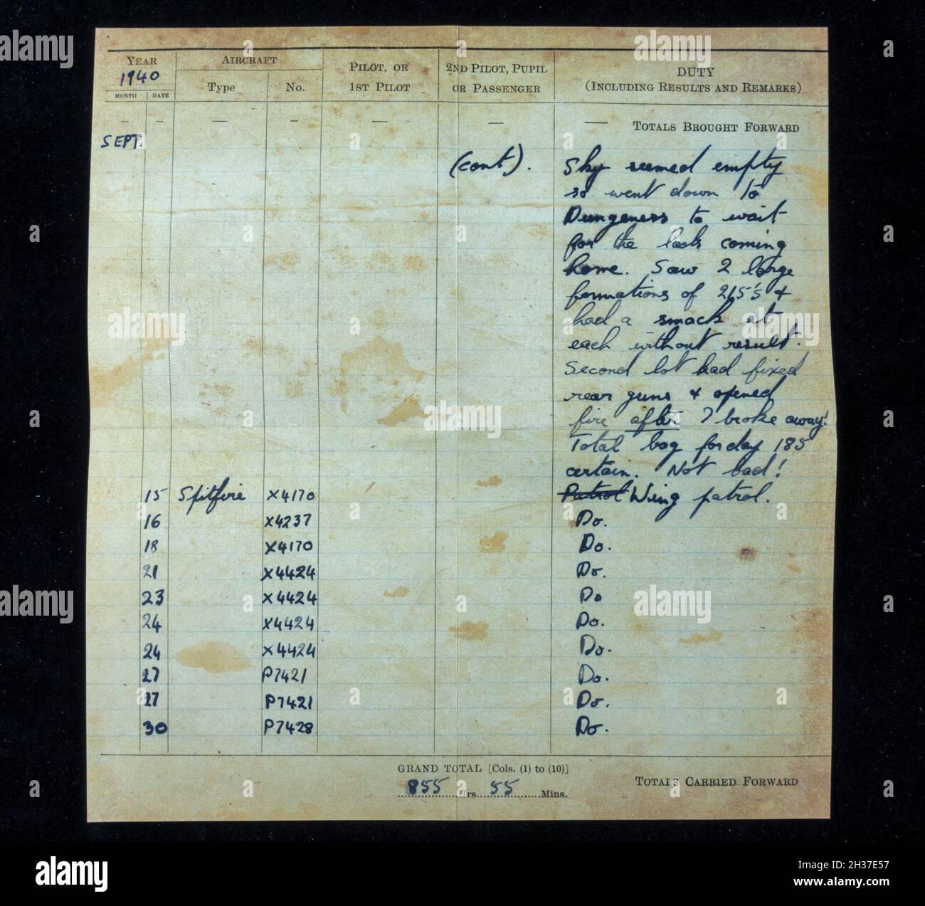 RAF Spitfire pilots official combat report (replica) from September 1941 during the Battle of Britain, from a RAF related memorabilia pack. Stock Photo