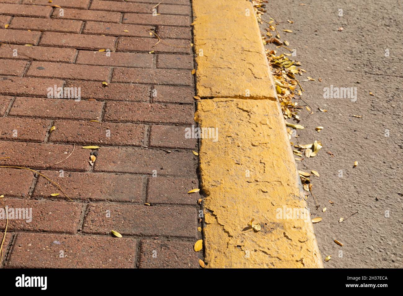 Red brick sidewalk edged in concrete curb painted bright yellow, muddy asphalt road bed, horizontal aspect Stock Photo