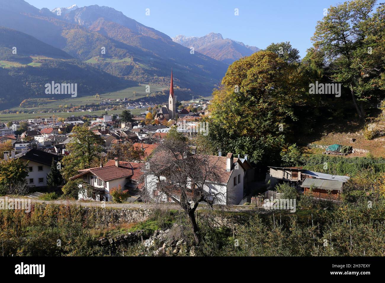 View of autumnal Schlanders in South Tyrol, Vinschgau Valley Stock Photo