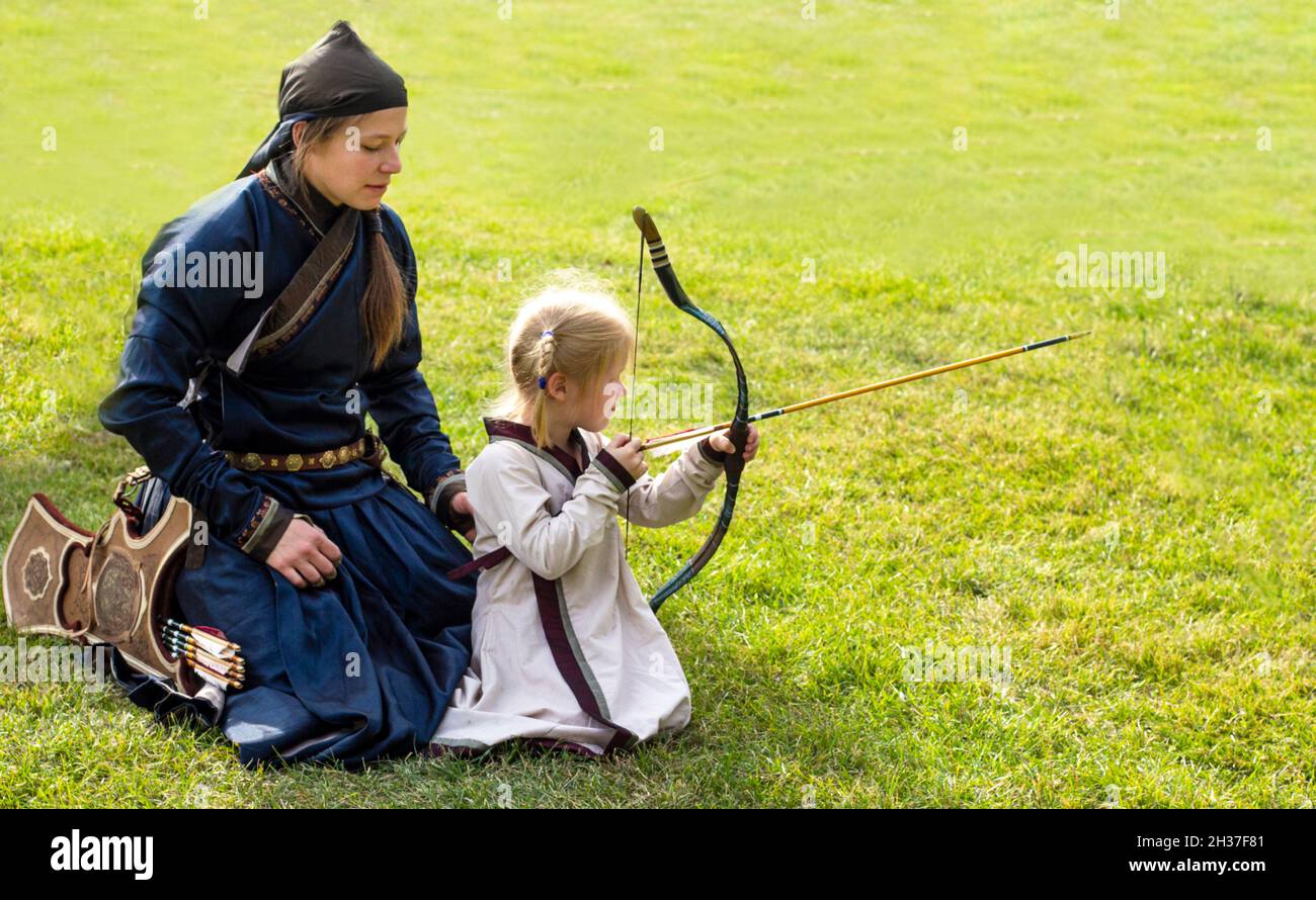 Minsk, city holiday on September 8, 2018 ,Two archers, mother and daughter at the city festival in Minsk Stock Photo