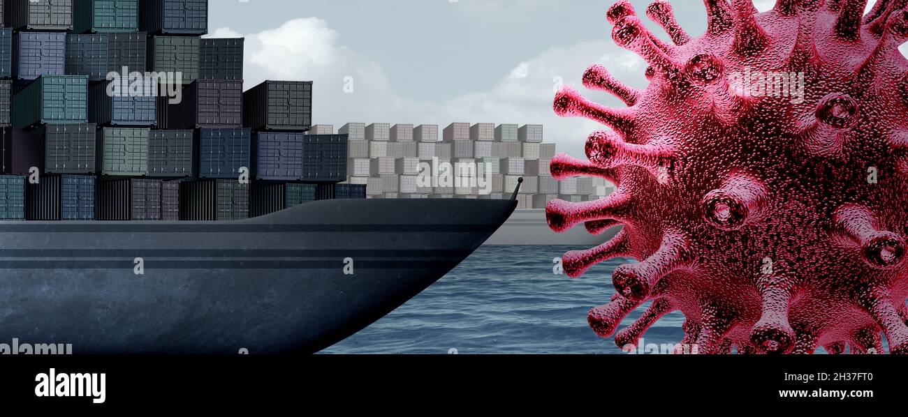 Supply chain and pandemic as shipping cargo supply chain blocked by a virus infection as sea freight and goods distribution challenges. Stock Photo