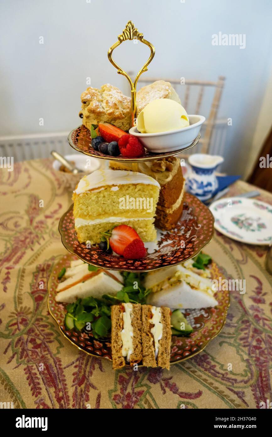 A cake stand with an English afternoon tea, England, UK Stock Photo