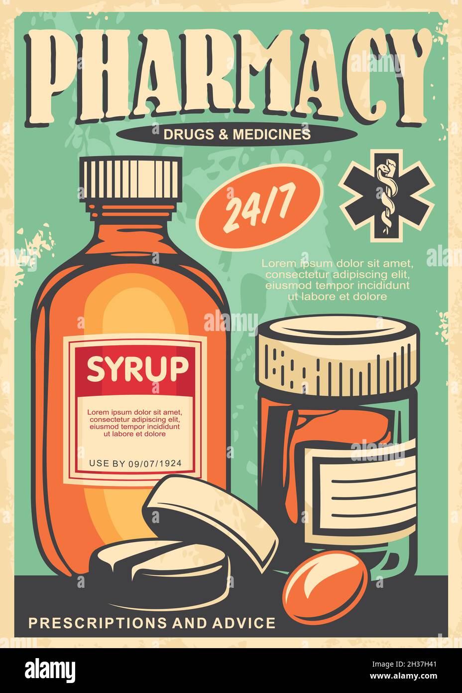 Pharmacy retro poster design with medicines, syrup, pills and medicament. Vintage sign for old apothecary. Healthcare and medical vector illustration. Stock Vector