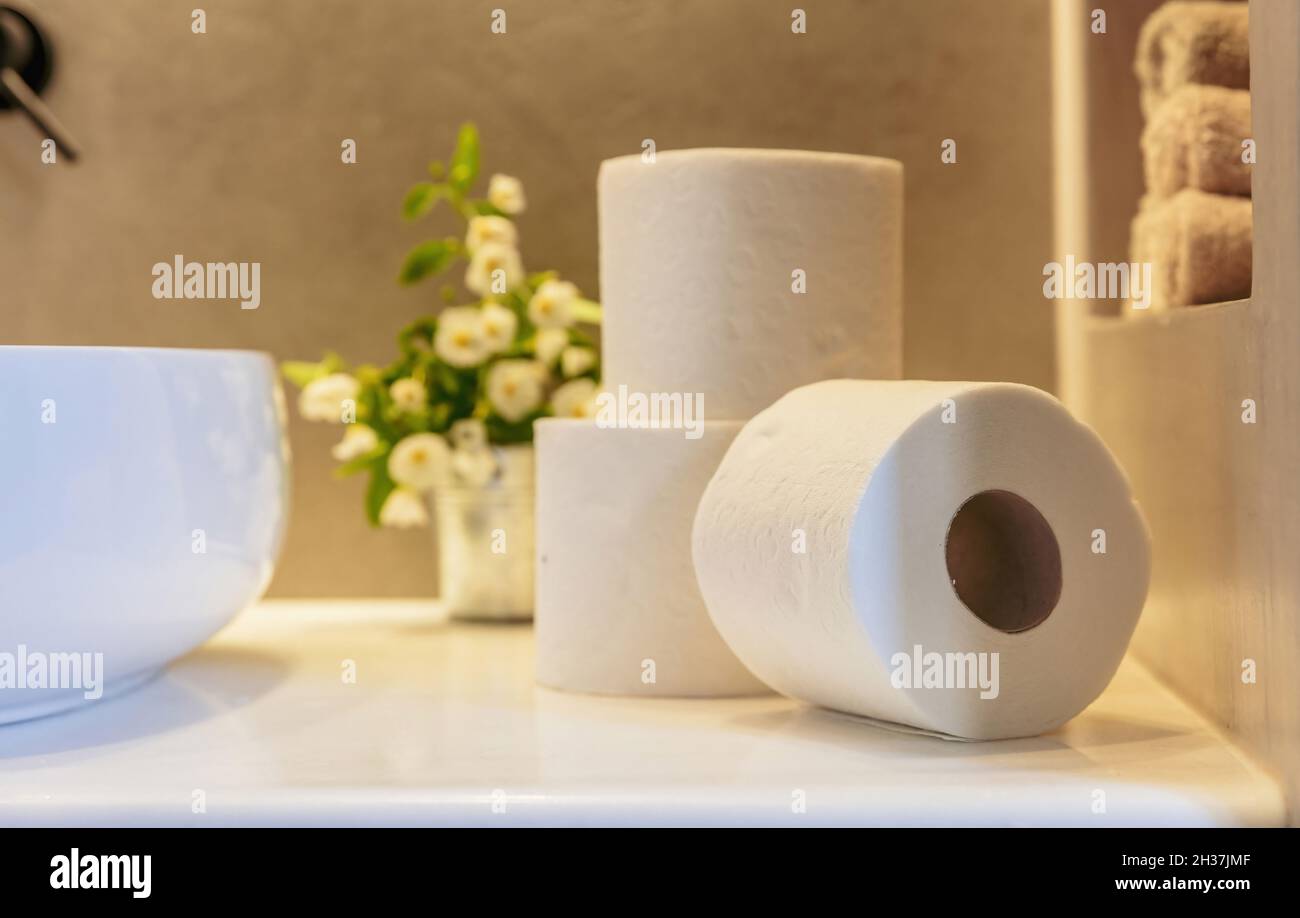 Toilet paper rolls, white hygiene tissue napkins stacked on a bathroom table closeup view. WC ...
