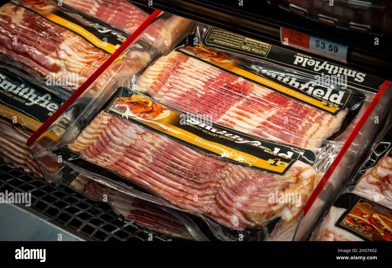 Packages of Smithfield brand bacon in a supermarket in New York on