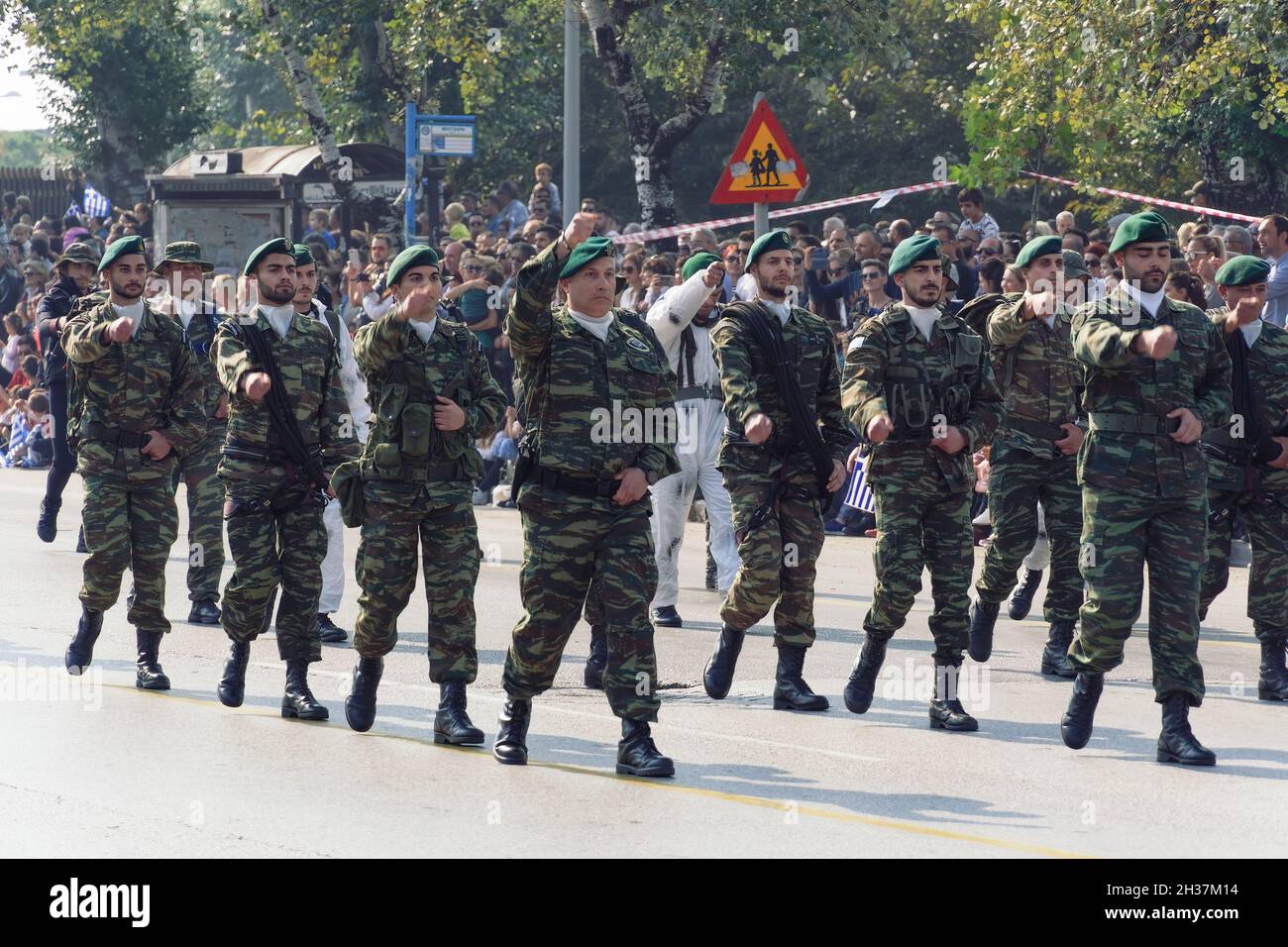 Thessaloniki, Greece - October 28 2019: Oxi Day Greek Army personnel parade. Hellenic military march during national day celebration, with attending crowd. Stock Photo