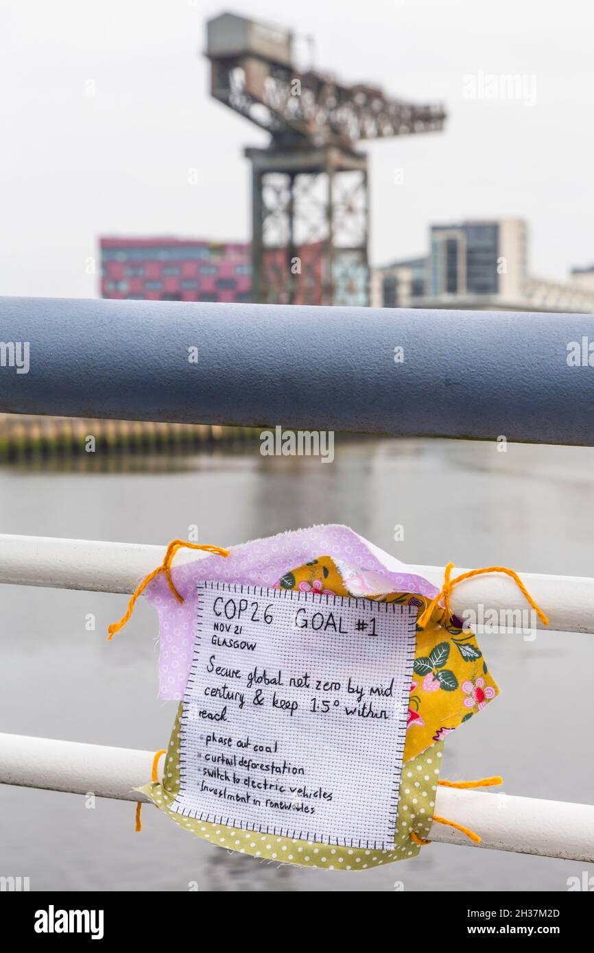 Crochet with a COP26 Goal placed on Bells Bridge beside the venue of the United Nations Climate Change Conference 2021, Glasgow, Scotland, UK Stock Photo