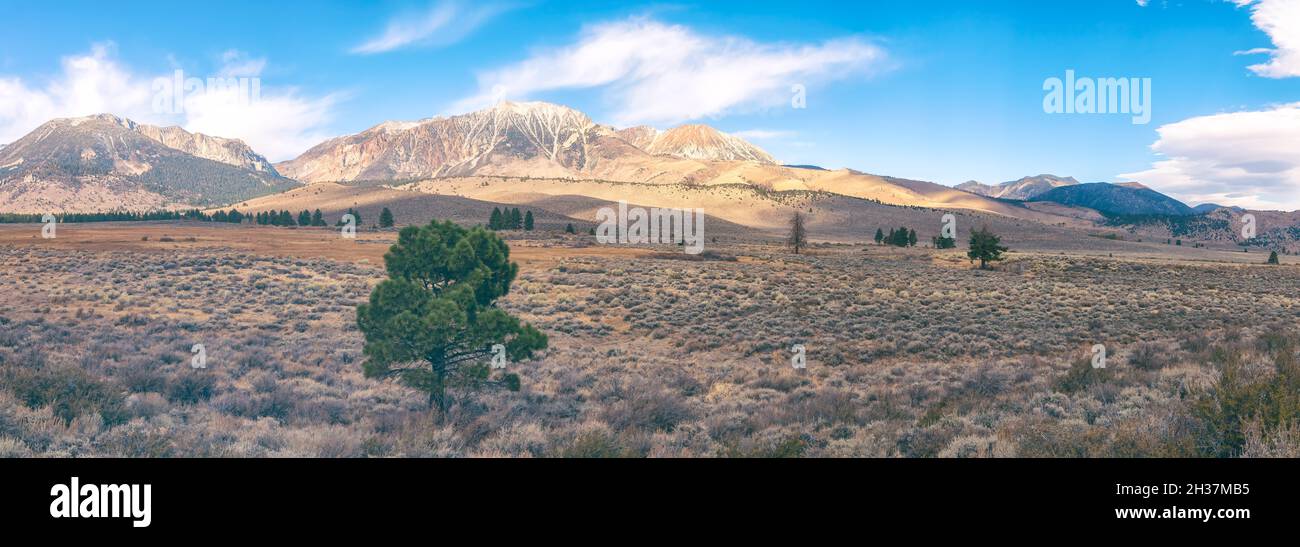 Wide view at the landscape eastern of the Sierra Nevada Mountains at June Lake Loop, Mono County, California, United States, in early fall. Stock Photo