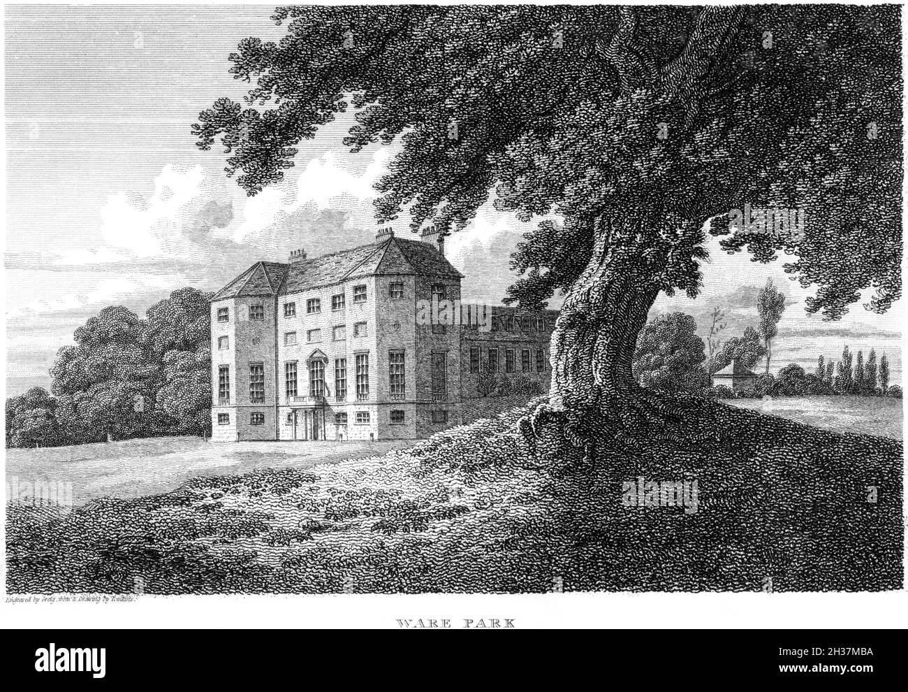 An engraving of Ware Park, Hertfordshire UK scanned at high resolution from a book printed in 1812.  Believed copyright free. Stock Photo