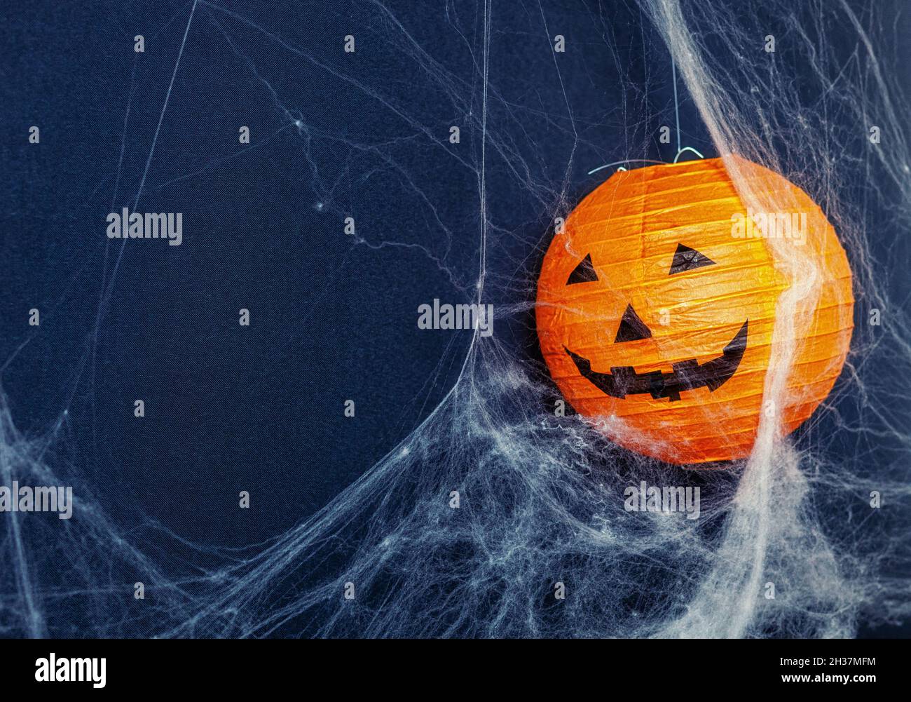 Jack o 'lantern on black background with cobwebs. Image with copyspace suitable for customization. Stock Photo