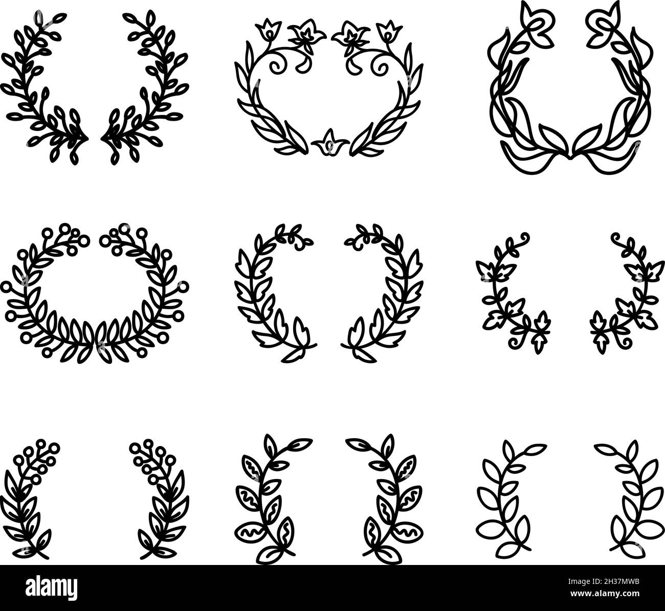 Set of Laurel wreaths, floral frames and dividers in the doodle style ...