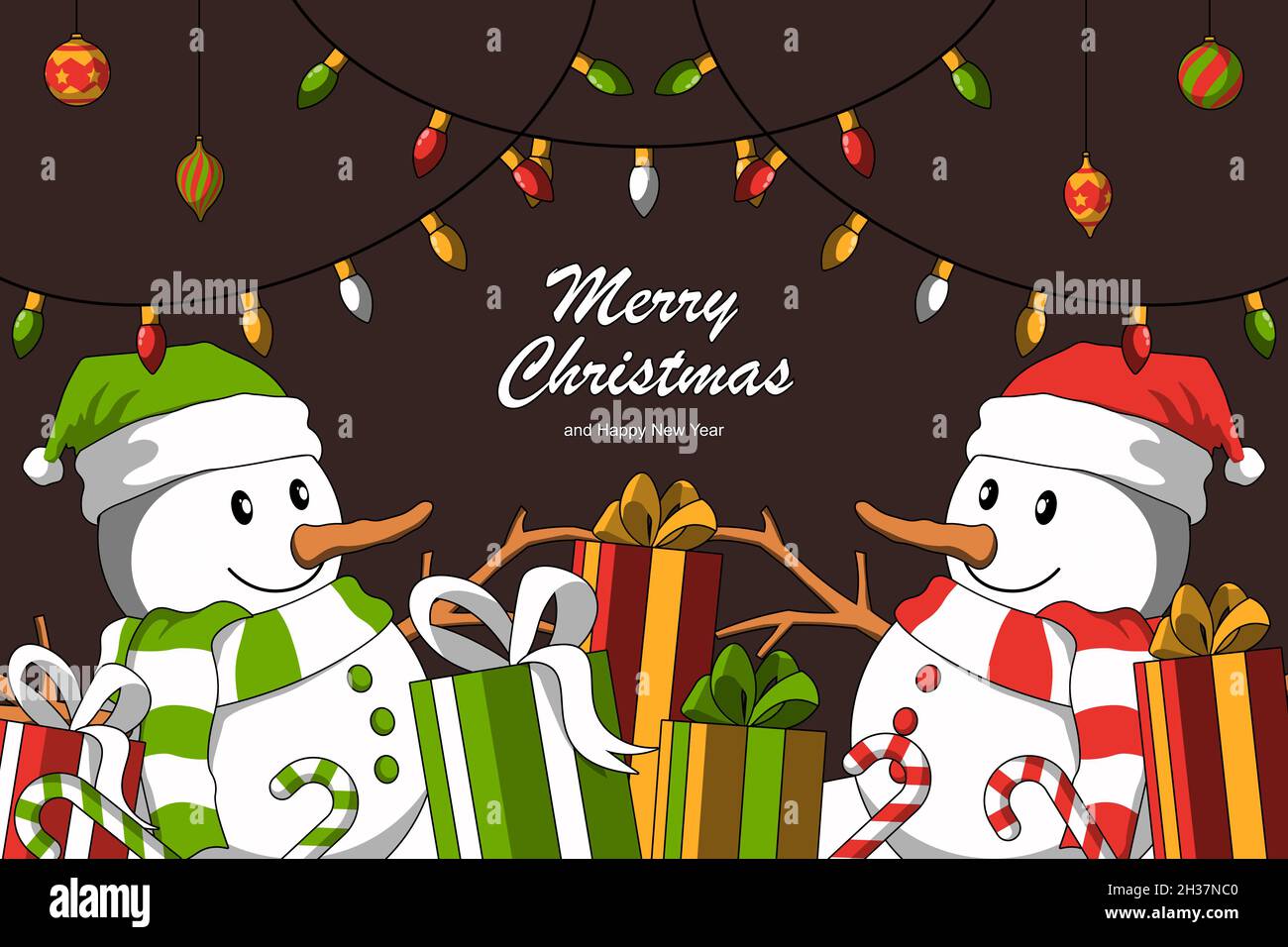 Christmas background with snowman and gift box. Vector illustration ...