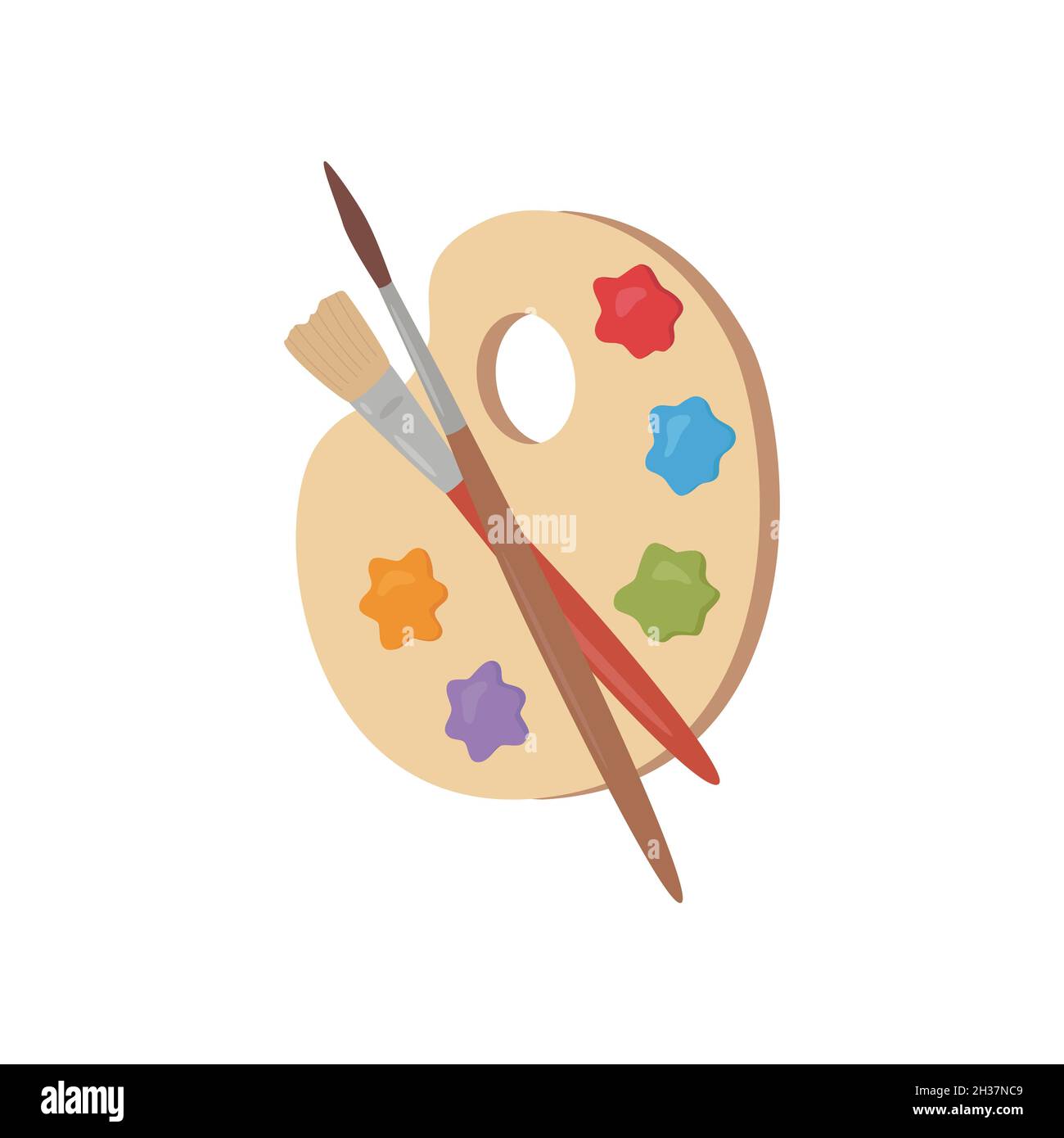 Wooden palette with paints and brushes. Vector illustration Stock ...