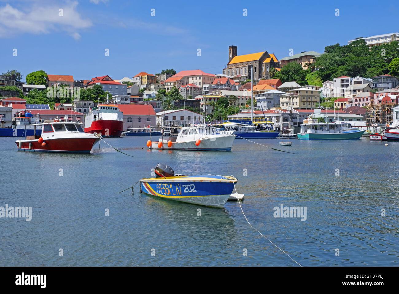 Waterfront and Roman Catholic Cathedral of the capital city St. George's on the west coast of the island of Grenada in the Caribbean Sea Stock Photo