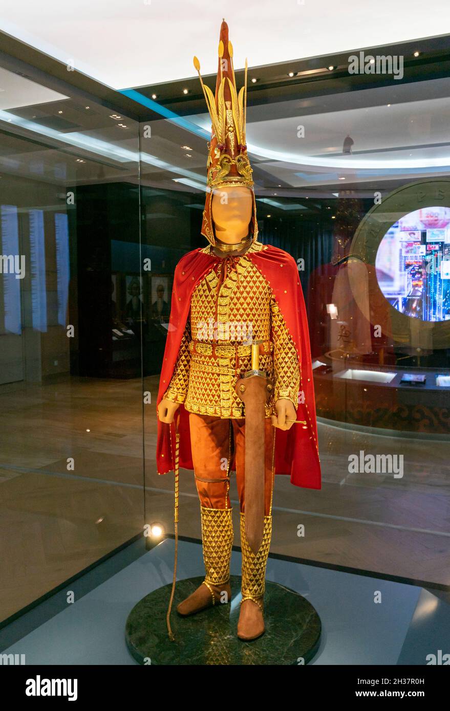 Golden Man; a young noble Saka warrior; 5-4 century BC. Reconstruction of costume and equipment, Museum in Astana, Nur-Sultan, Kazakhstan Stock Photo