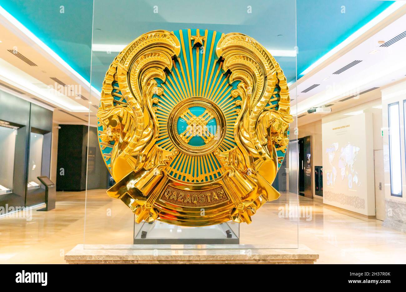 Big gilded model of national emblem and coat of arms of Kazakhstan, on display in National Museum of Kazakhstan, Astana, Nur-Sultan, Kazakhstan Stock Photo