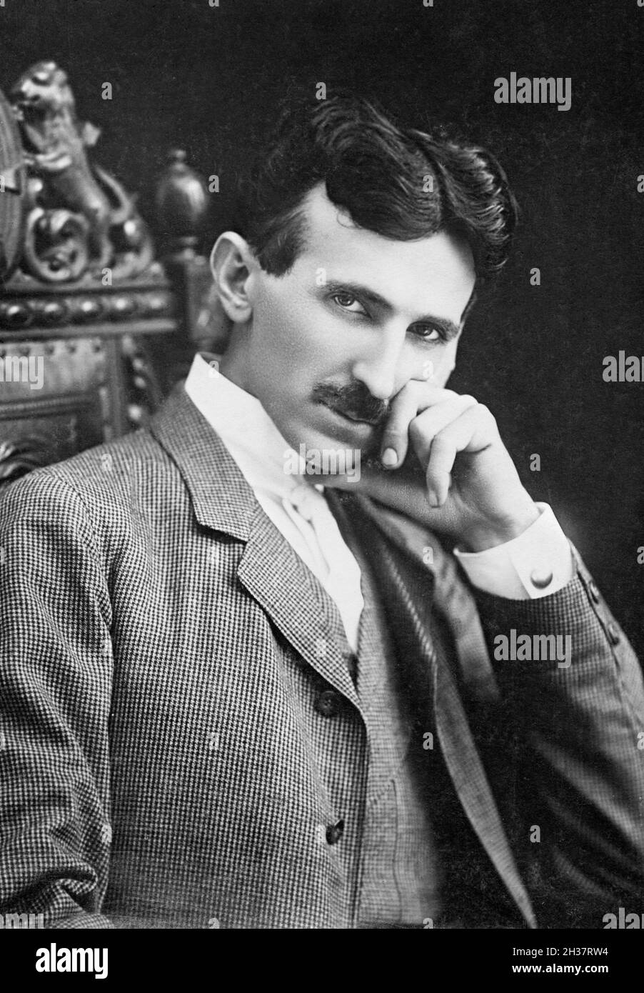 Nikola Tesla (1856-1943) in his early forties. Tesla was a Serbian American inventor and engineer best known for his work on alternating current (AC) electricity supply. Stock Photo