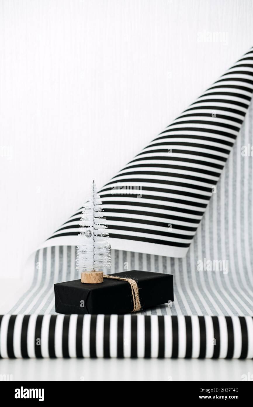 Christmas Black and white striped gift wrap background. Xmas Modern holiday gift banner with