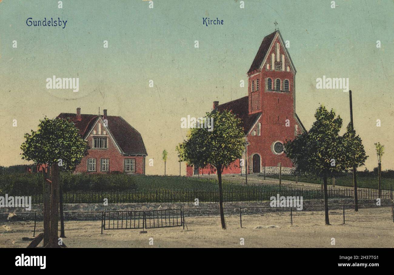 Kirche von Gundelsby, bei Hasselberg, Hasselbjerg, auch Hesselbjerg, eine Gemeinde im Kreis Schleswig-Flensburg in Schleswig-Holstein, Deutschland, Ansicht von ca 1910, digitale Reproduktion einer gemeinfreien Postkarte Stock Photo