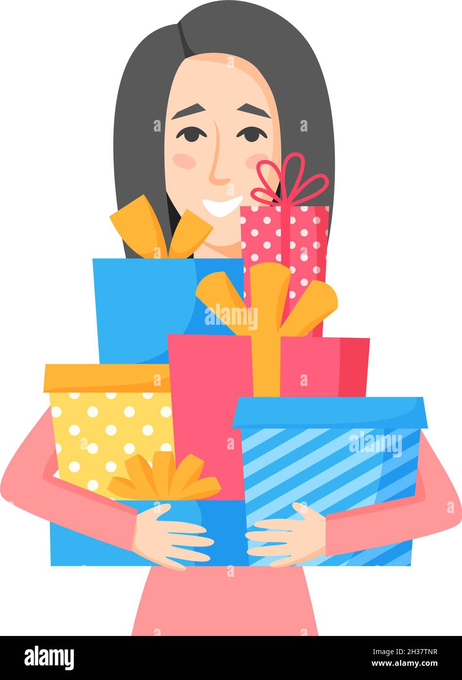 Smiling woman holding gift boxes. Buying and preparing Christmas presents for family and friends. Wrapped gifts with ribbons and bows. Vector Stock Vector