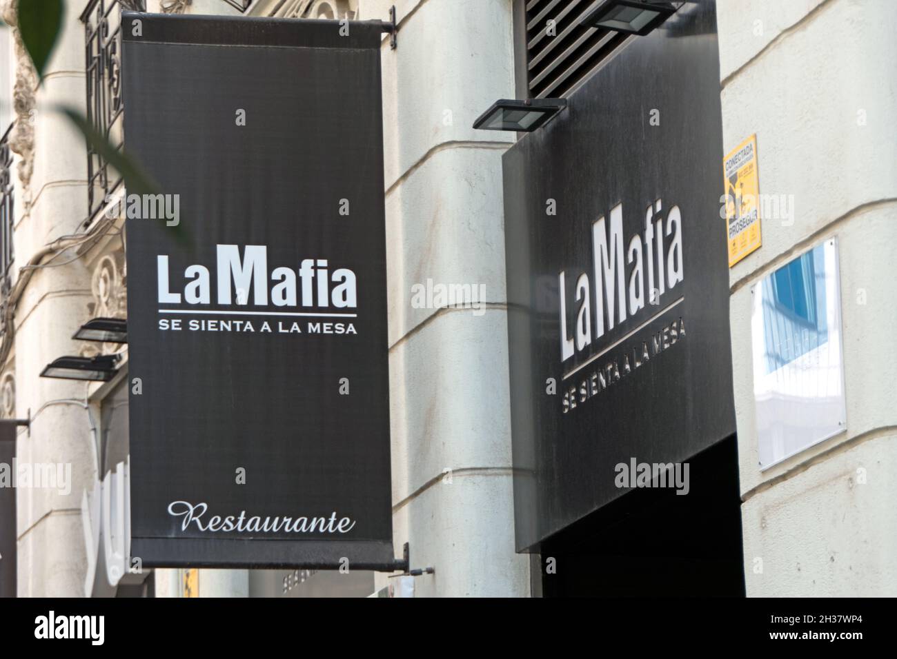 Controversial sign for La Mafia, Italian restaurant in Valencia, Spain ...