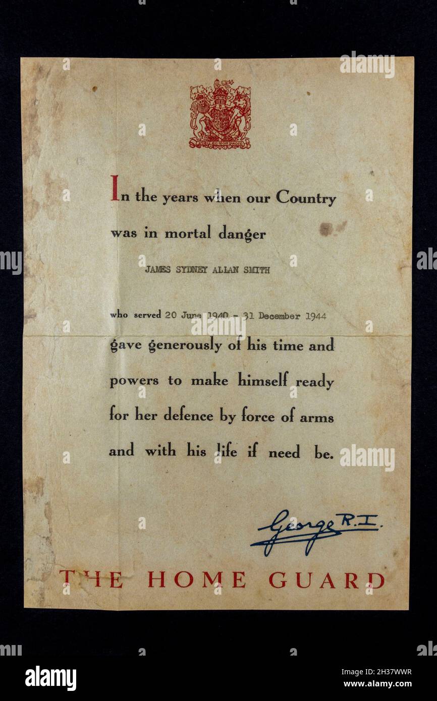 A Home Guard Service Certificate (replica) signed by King George VI, part of a WWII Home Guard memorabilia pack for schools. Stock Photo