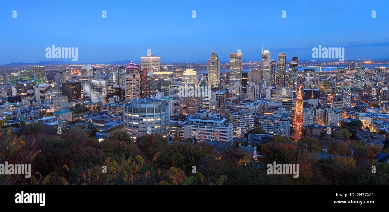 Panoramic aerial view of Montreal skyline at dusk in autumn, Quebec, Canada Stock Photo