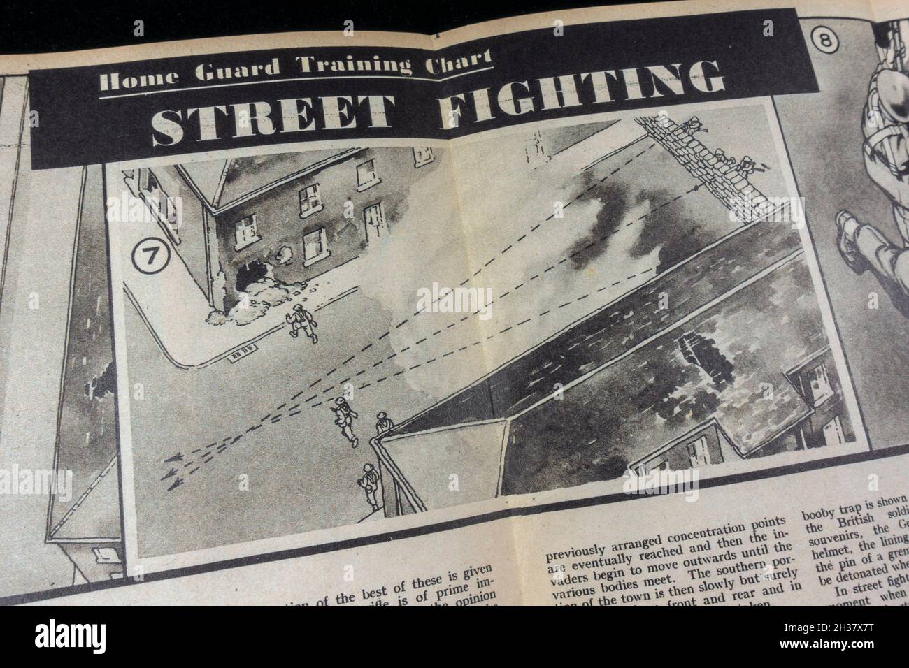 Street fighting tactics inside 'Modern World The Pictorial Review ' (replica) from Oct 1940, part of a WWII Home Guard memorabilia pack for schools. Stock Photo