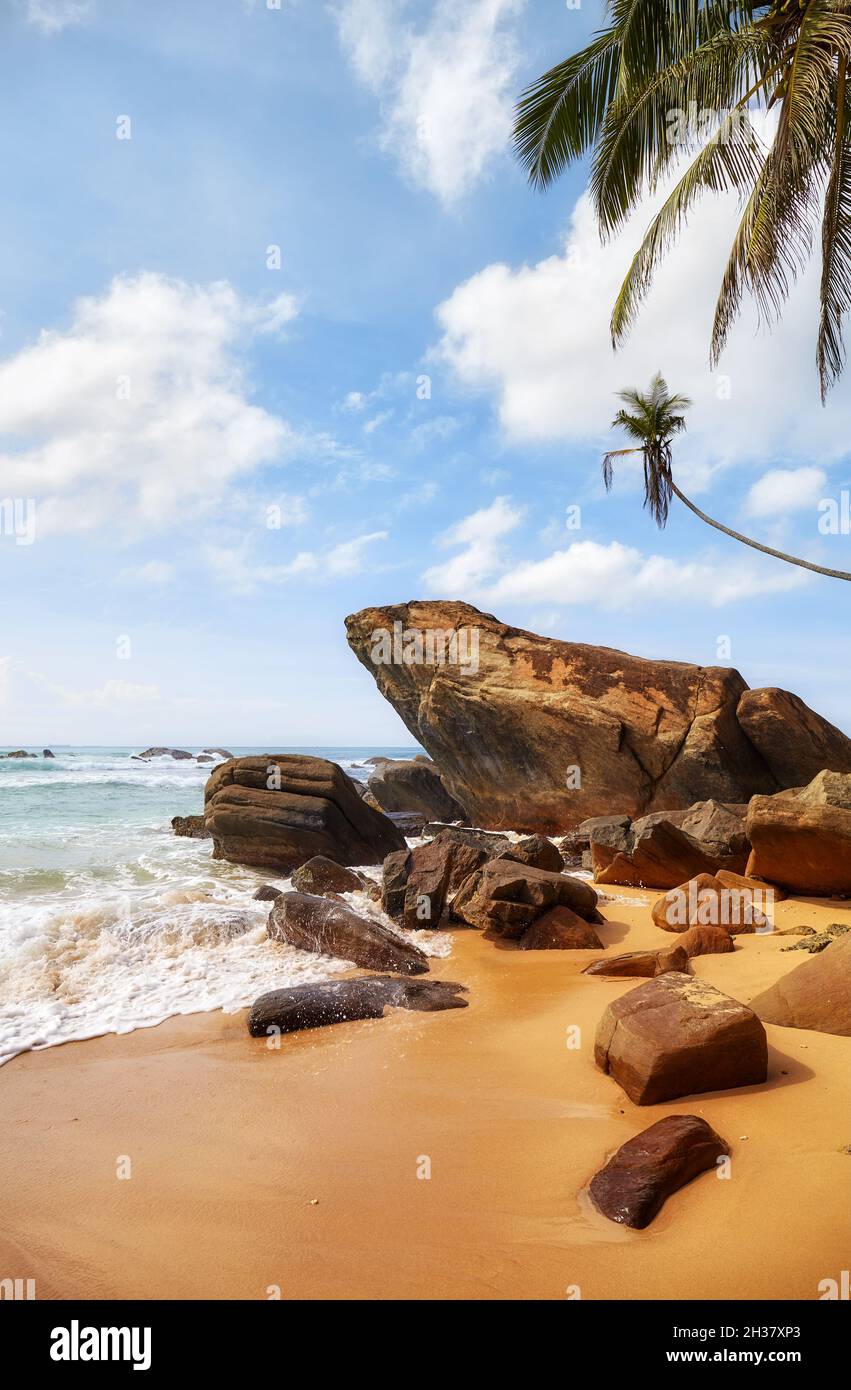 Beautiful tropical beach with rocks, Sri Lanka. Stock Photo
