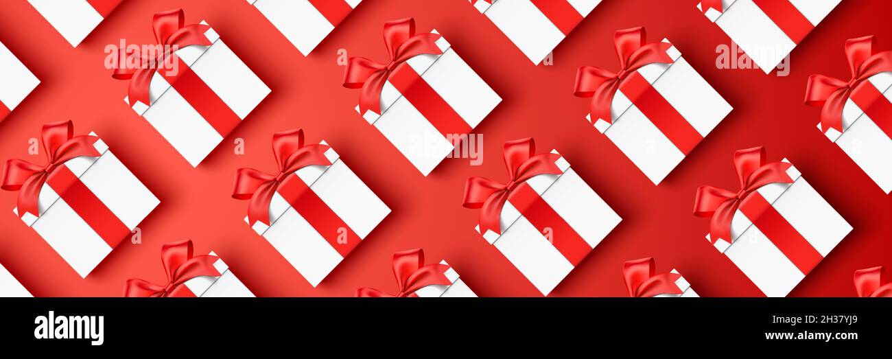 Lots of white gift boxes lying down on a red horizontal background. Christmas, New Year, Birthday, or holiday shopping vector banner design with realistic gift boxes, wrapped with red satin ribbons. Stock Vector