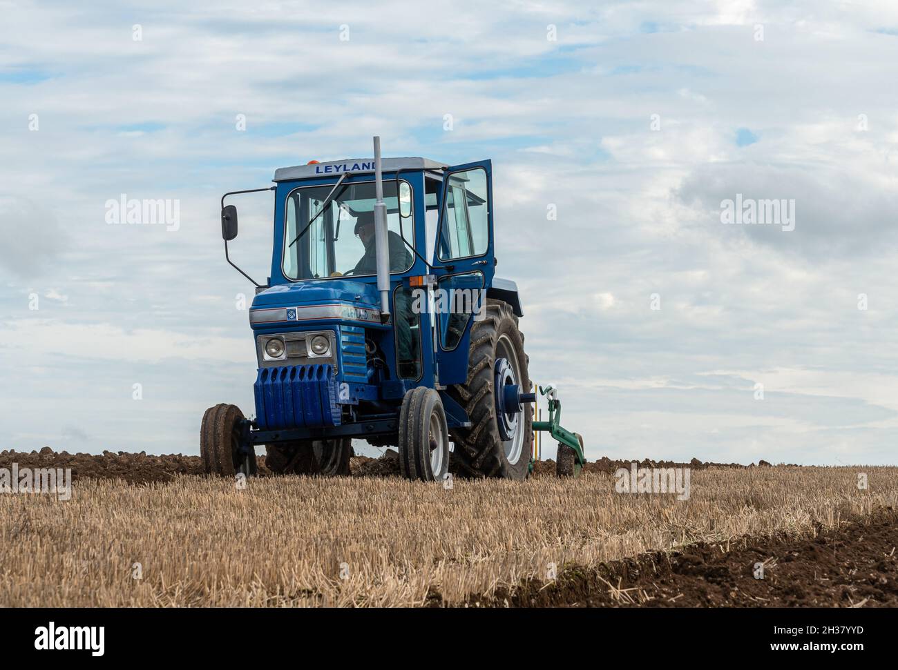 Vintage Leyland tractor working at The Great All England Ploughing Match held in Droxford, Hampshire, England, UK, October 2021 Stock Photo