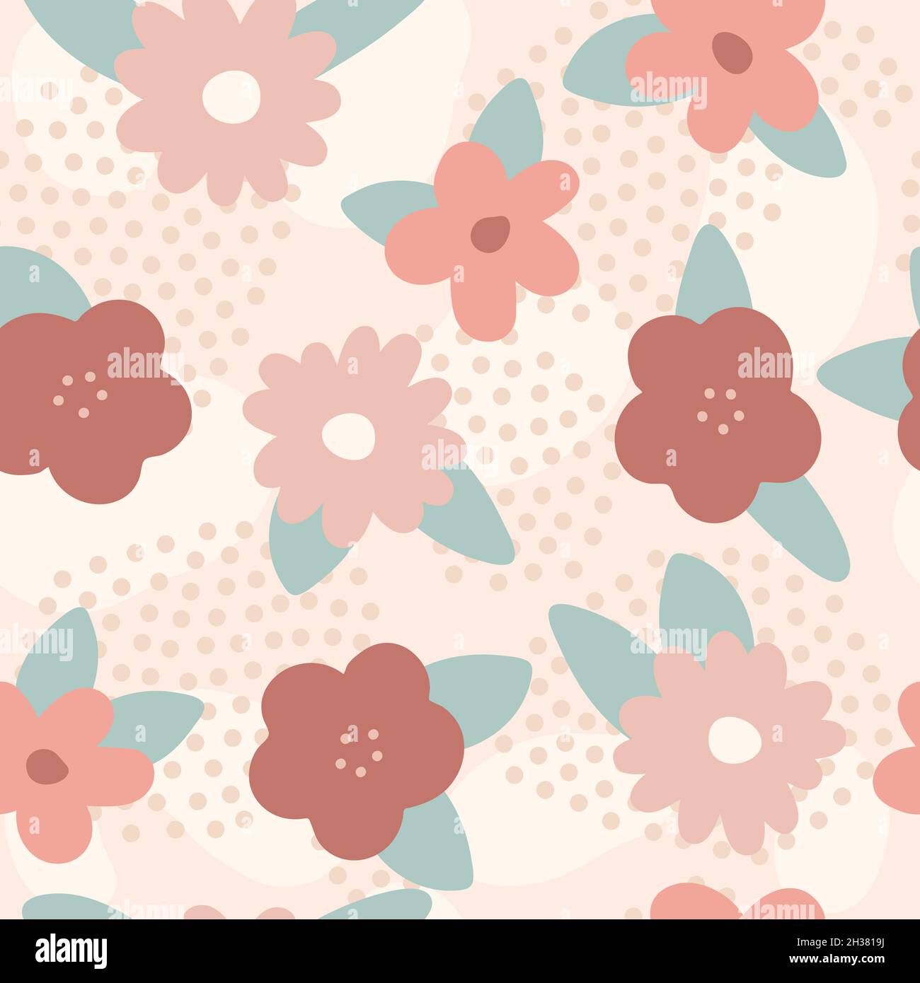 Seamless pattern designed with flowers, dots and shapes with light background Stock Vector