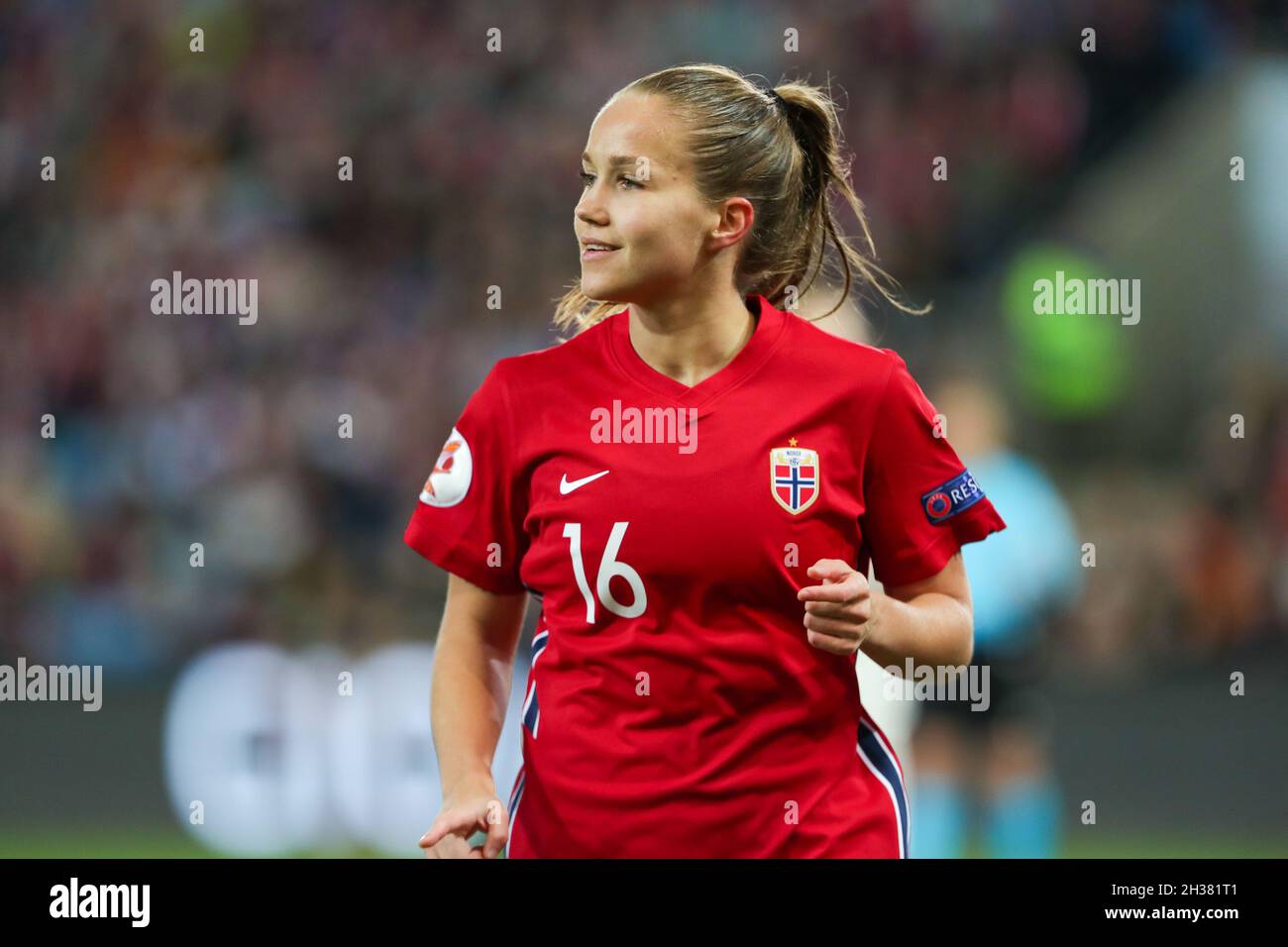 Oslo, Norway. 26th Oct, 2021. Ullevaal Stadium Guro Reiten (16) of Norway  runs to the corner flag during a female soccer game between the national  teams of Norway and Belgium, called the