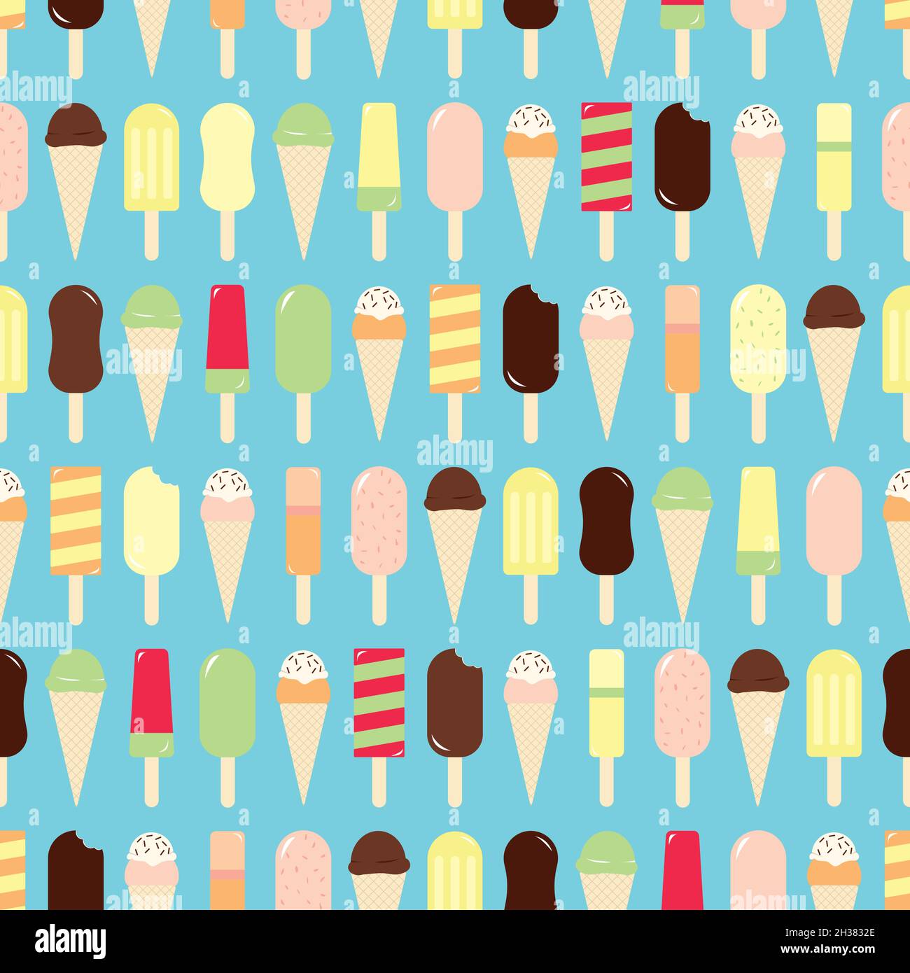 Vector seamless pattern of different sweet ice creams with bright and ...