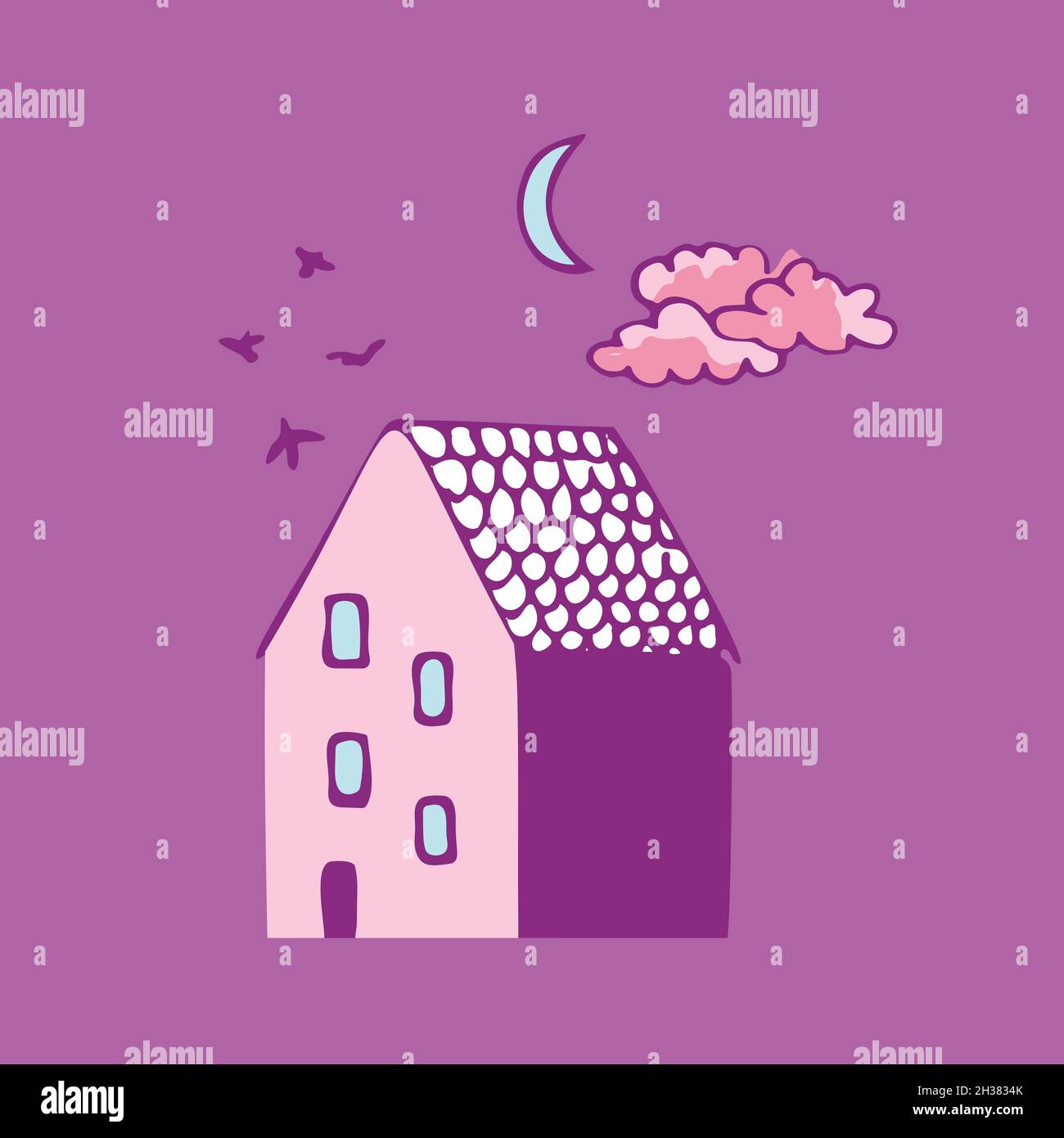 Vector illustration of a house with birds and sky, stars and moon. Doodle design elements.  Stock Vector