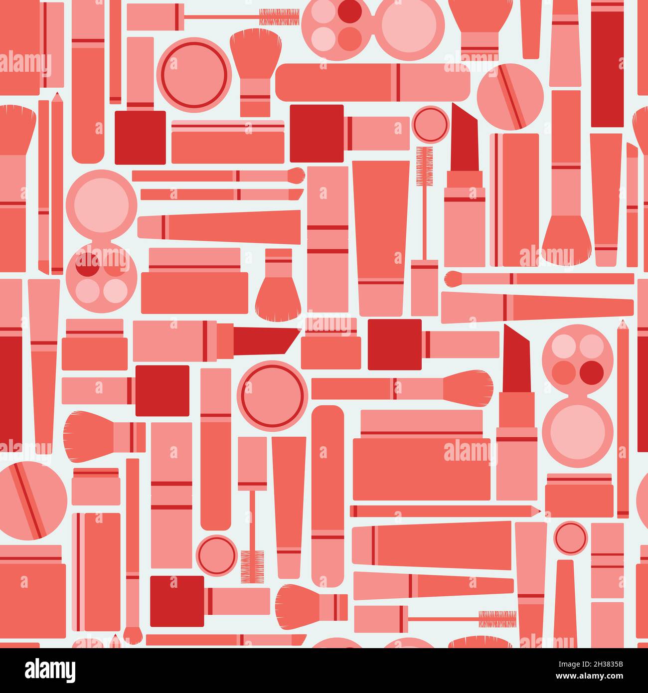 Vector seamless pattern full of makeup items. Makeup with lipstick, mascara, shadows, pencils and brushes in pink and red colors Stock Vector