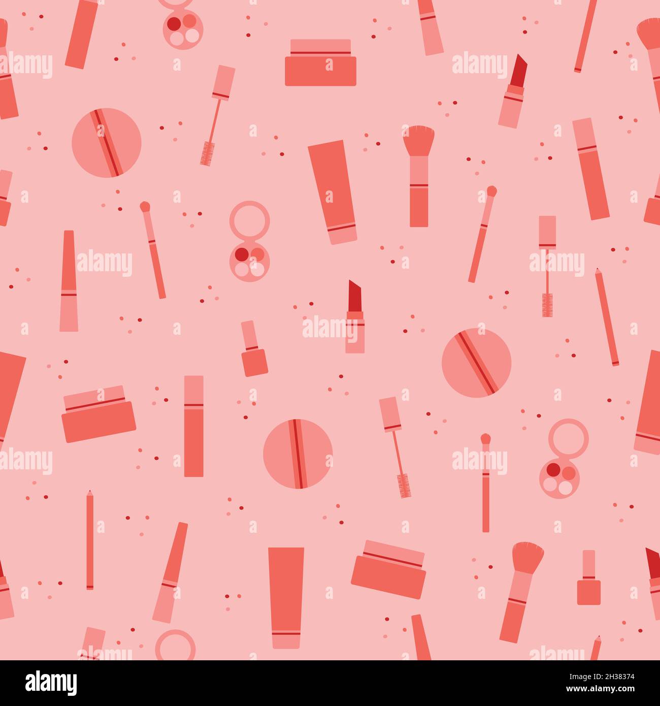 Vector seamless pattern full of makeup items. Makeup with lipstick, mascara, shadows, pencils and brushes in pink and red colors Stock Vector