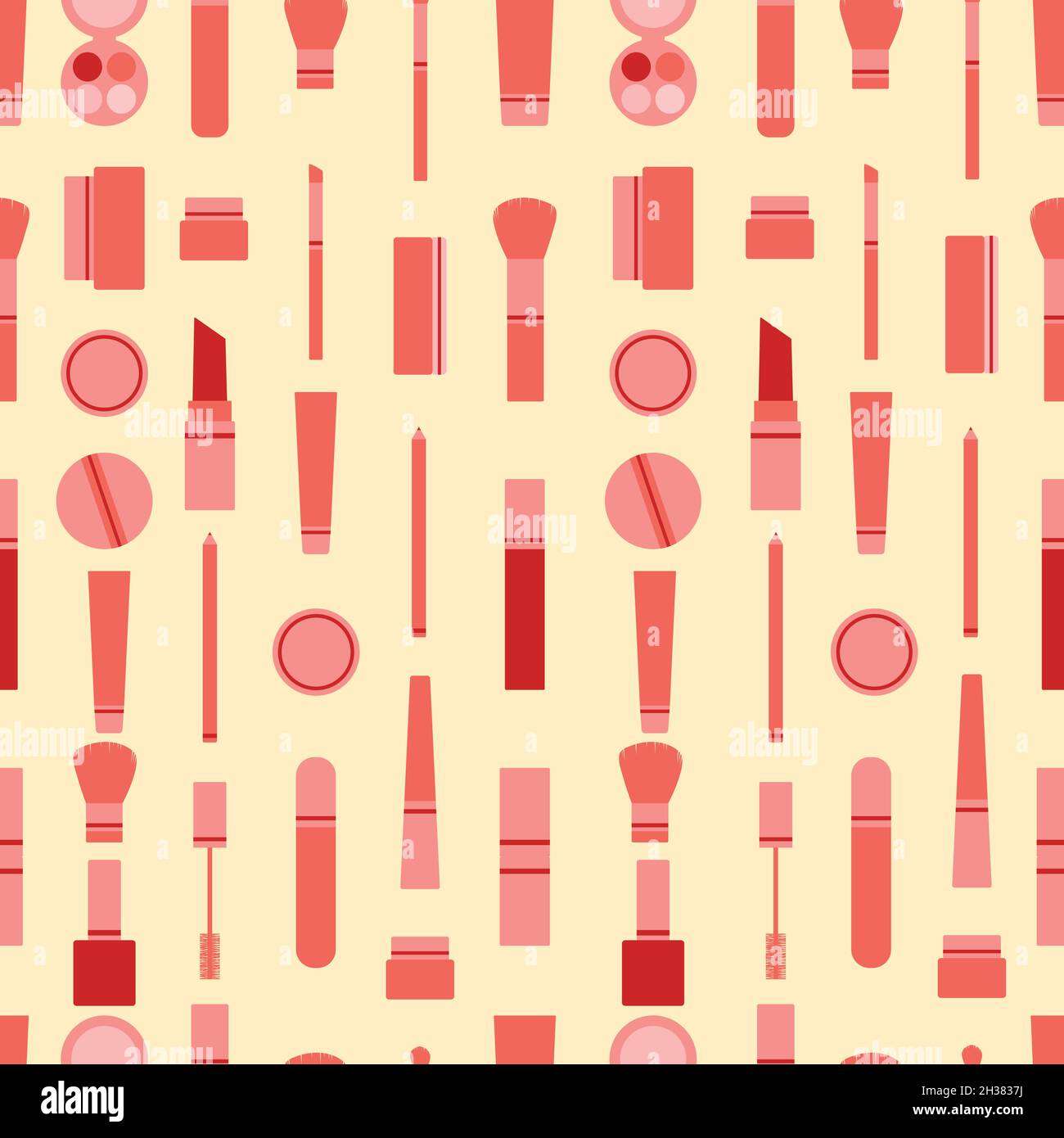 Vector seamless pattern full of makeup items aligned. Makeup with lipstick, mascara, shadows, pencils and brushes in pink and red colors Stock Vector