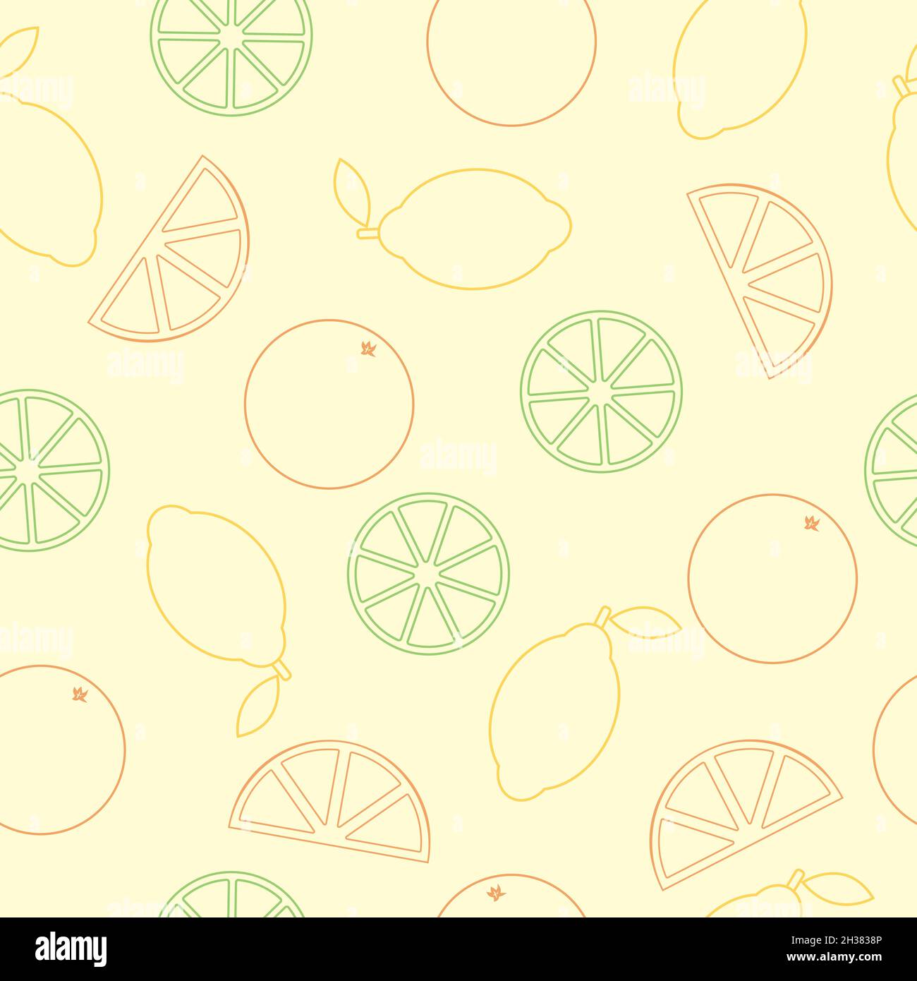 Seamless vector pattern with all kinds of citrus fruits with bright and colorful colors. Lemon, lime and orange. Stock Vector