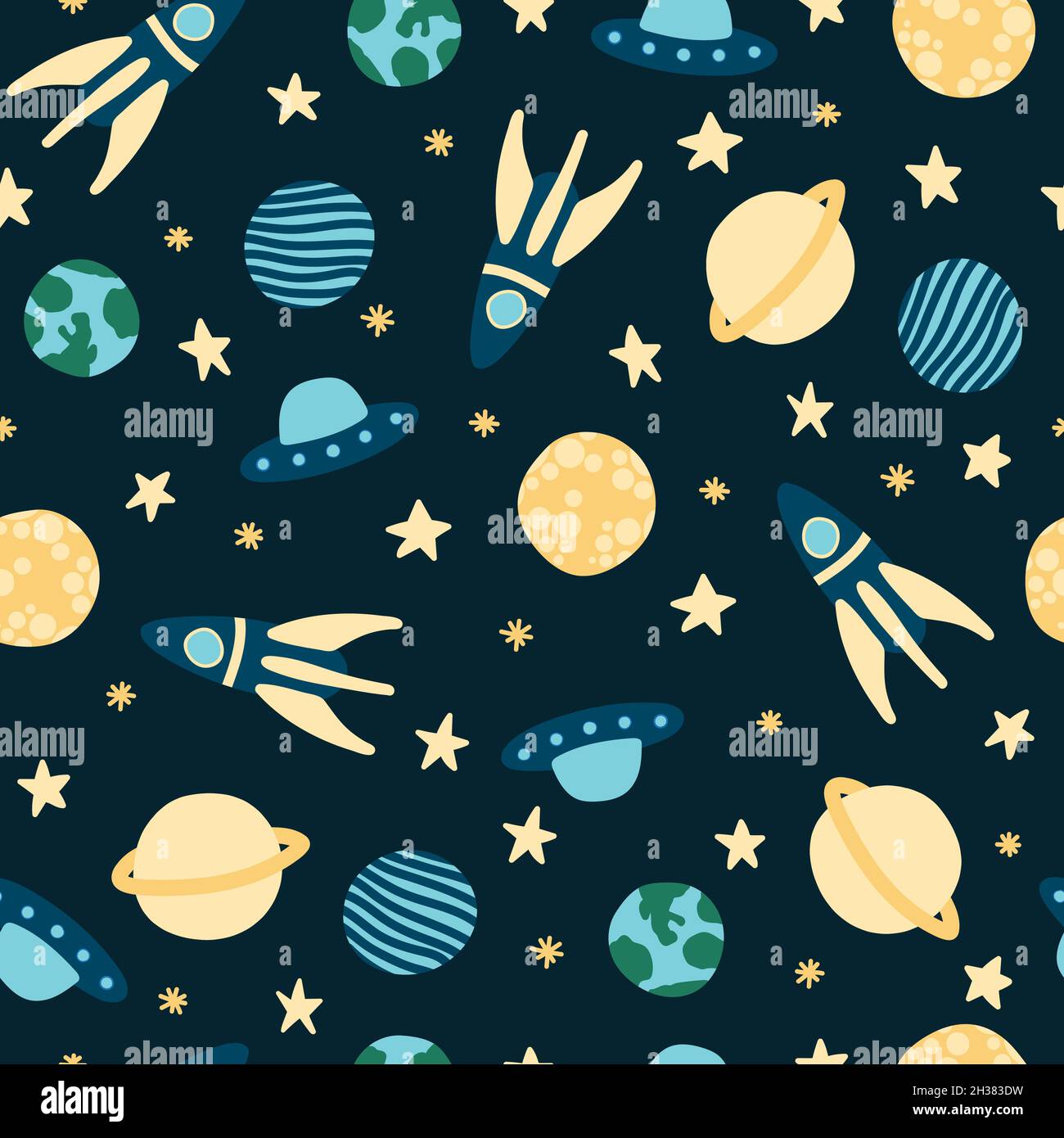 Seamless pattern vector design of space, with stars, rockets, spaceships and planets in the universe with a childish and doodle style with blue Stock Vector