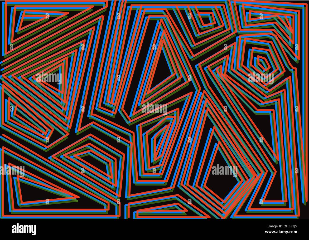 Abstract geometric pattern in the colors red, blue and green on a black ...