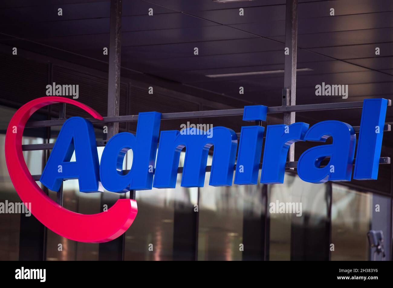 A closeup of the Admiral insurance company sign in Cardiff, Wales