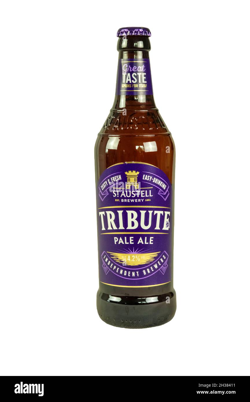 A bottle of Tribute pale ale from the St Austell Brewery.  It has a strength of 4.2% ABV. Stock Photo