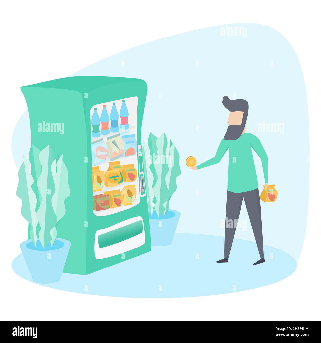 Vending machine with food. The guy pays for the food. Vector