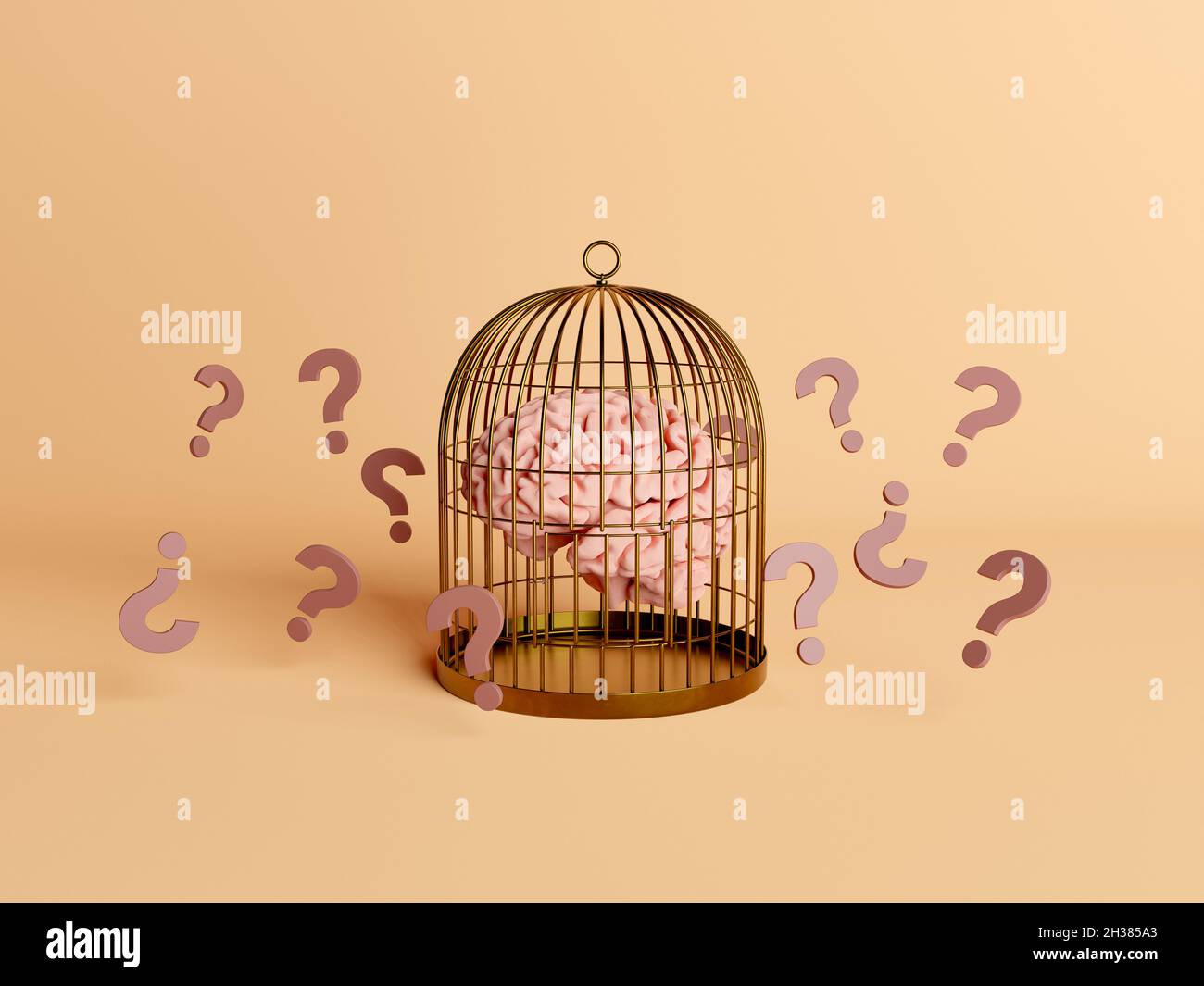 brain trapped inside a cage with question marks floating around
