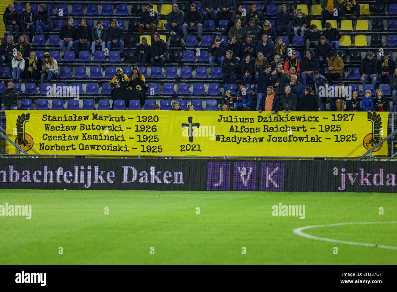 BREDA, NETHERLANDS - OCTOBER 26: banner with the names of Polish soldiers that freed Breda after world war 2 during the Dutch TOTO KNVB Cup match between NAC Breda and VVV-Venlo at Rat Verlegh Stadion on October 26, 2021 in Breda, Netherlands (Photo by Gino van Outheusden/Orange Pictures) Stock Photo
