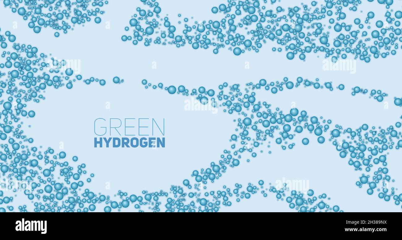 Green hydrogen concept. H2 hydrogen bubbles on light backdrop. Stock Vector