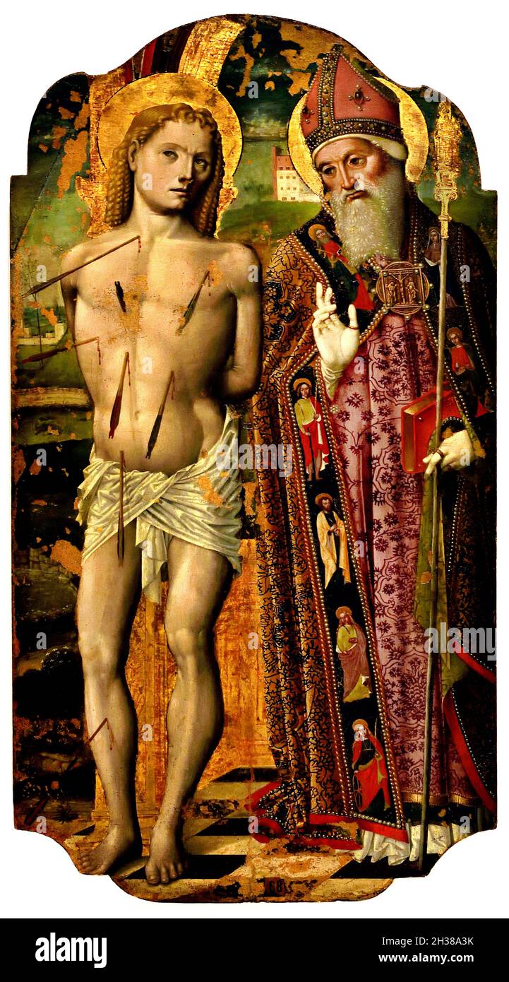 The Saints Sebastian and Augustin by  Nicolo' Corso (15th-16th cent.) Saint Sebastian was an early Christian saint and martyr. According to traditional belief, ... Similar metaphors for divine displeasure occur in the Hebrew Bible. Italy, Italian, Stock Photo